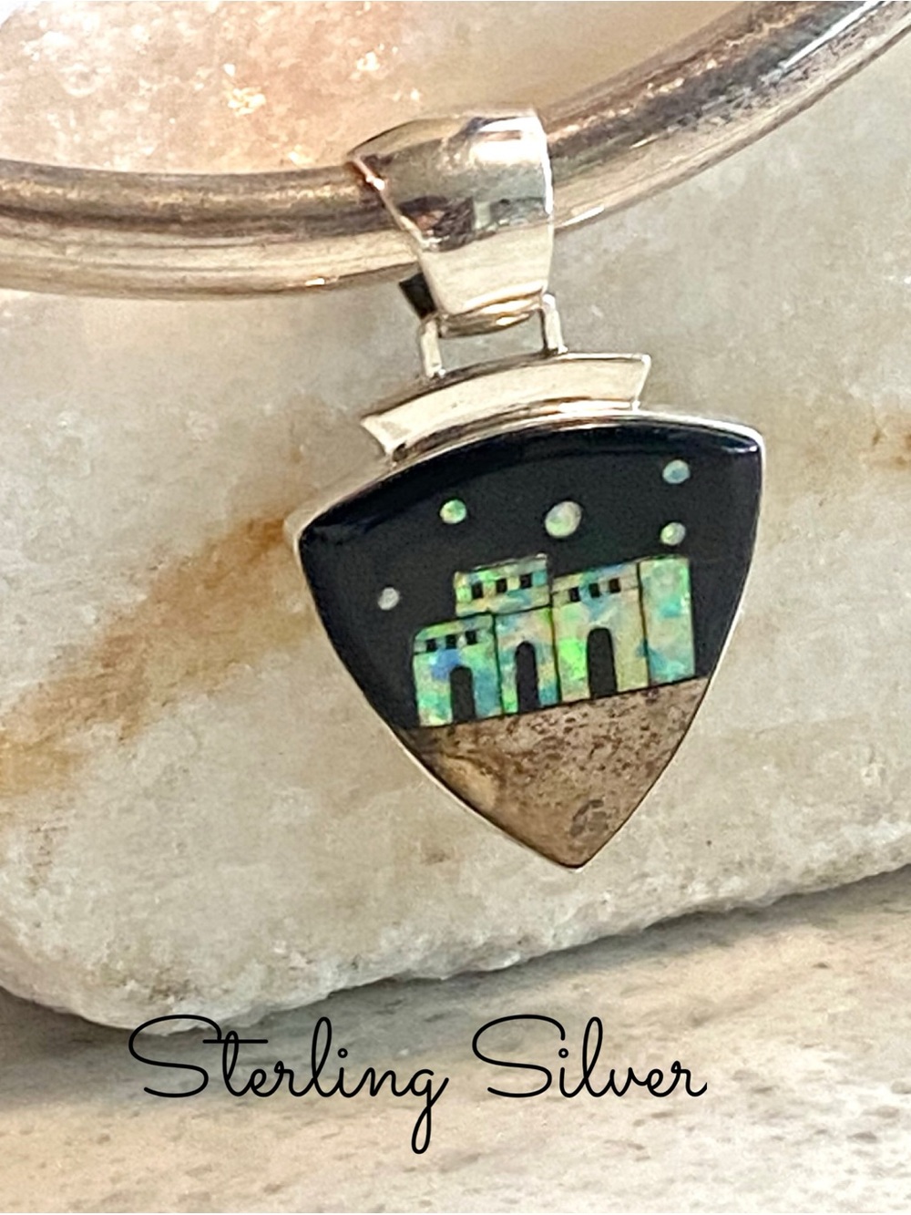 SP Signed Native American Sterling Silver Multi Stone Pueblo Scene Pendant